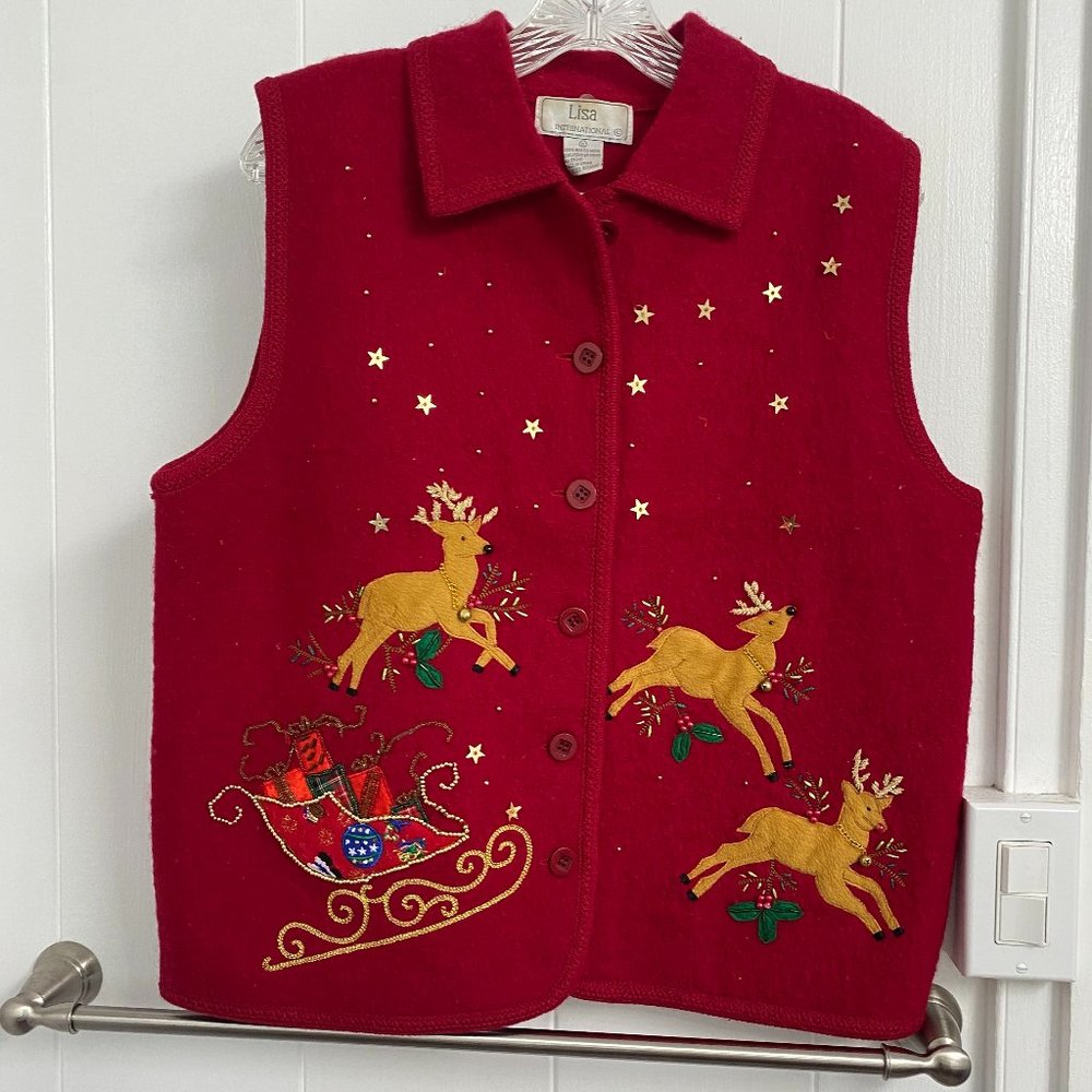 Vintage Lisa International Wool Christmas Tree Sleigh Reindeer Beads Red XL Vest